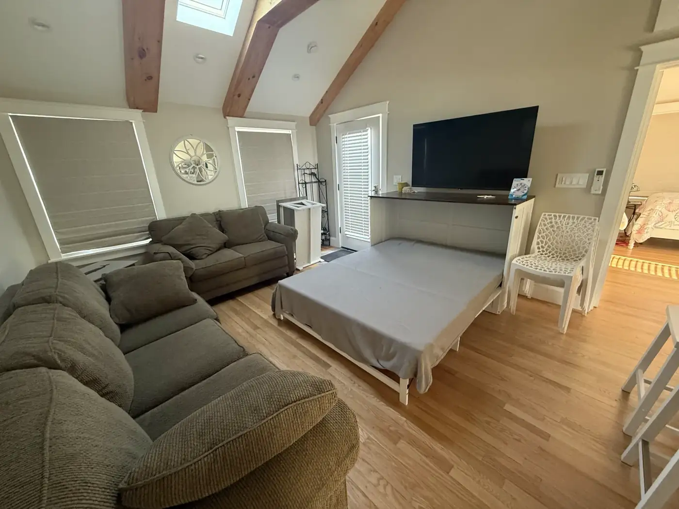 Storage bed pulled out, ready for guests